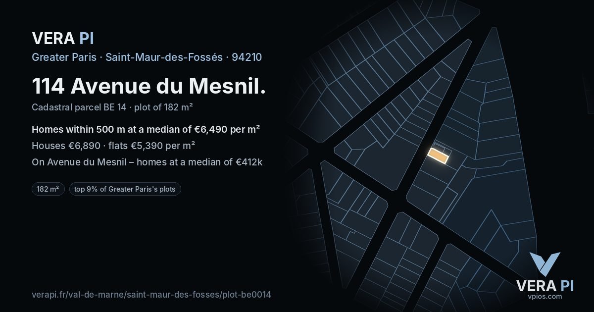 114 Avenue du Mesnil, Saint-Maur-des-Fossés at night – the plot lit, the parcels around coloured by the prices near them