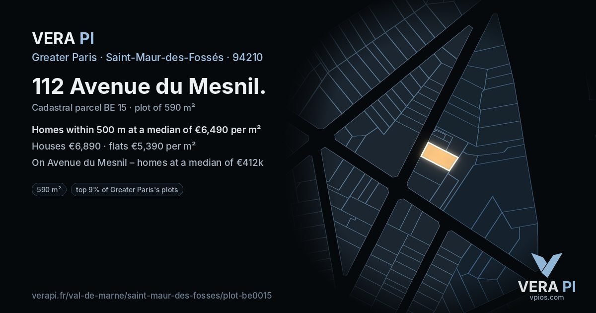 112 Avenue du Mesnil, Saint-Maur-des-Fossés at night – the plot lit, the parcels around coloured by the prices near them