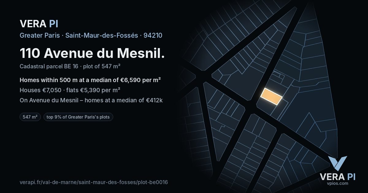 110 Avenue du Mesnil, Saint-Maur-des-Fossés at night – the plot lit, the parcels around coloured by the prices near them