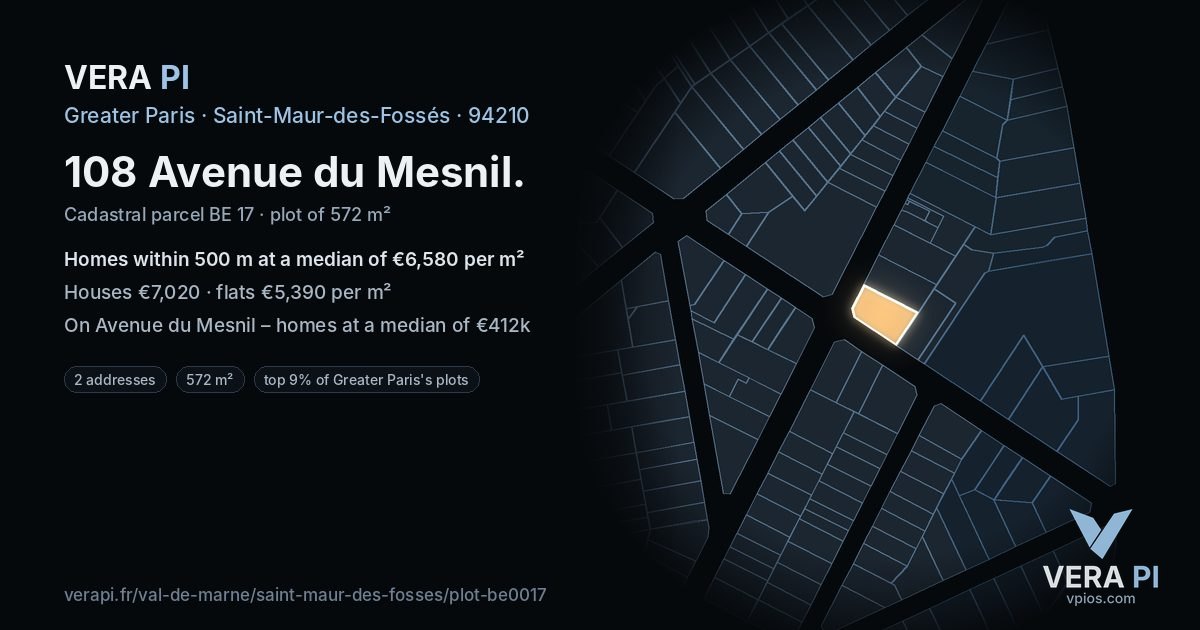 108 Avenue du Mesnil, Saint-Maur-des-Fossés at night – the plot lit, the parcels around coloured by the prices near them