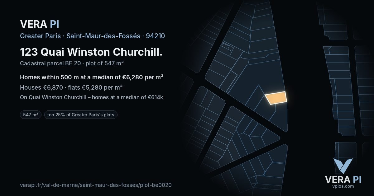 123 Quai Winston Churchill, Saint-Maur-des-Fossés at night – the plot lit, the parcels around coloured by the prices near them