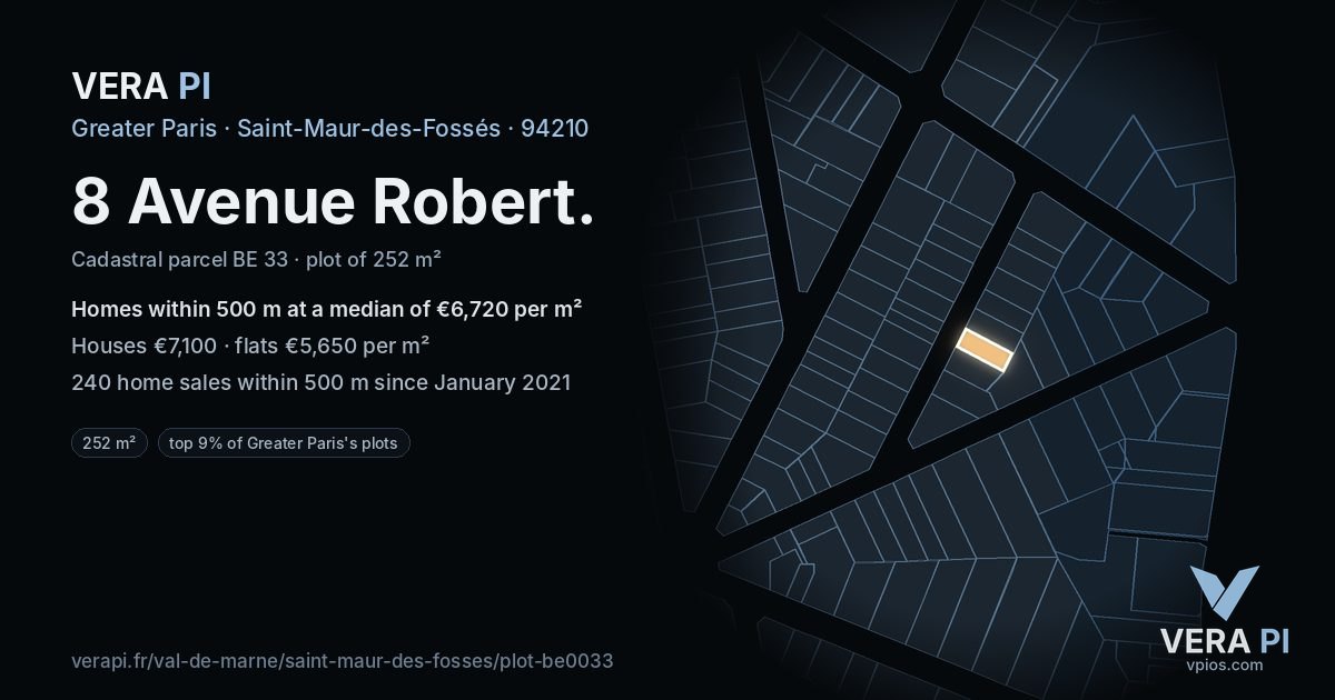 8 Avenue Robert, Saint-Maur-des-Fossés at night – the plot lit, the parcels around coloured by the prices near them