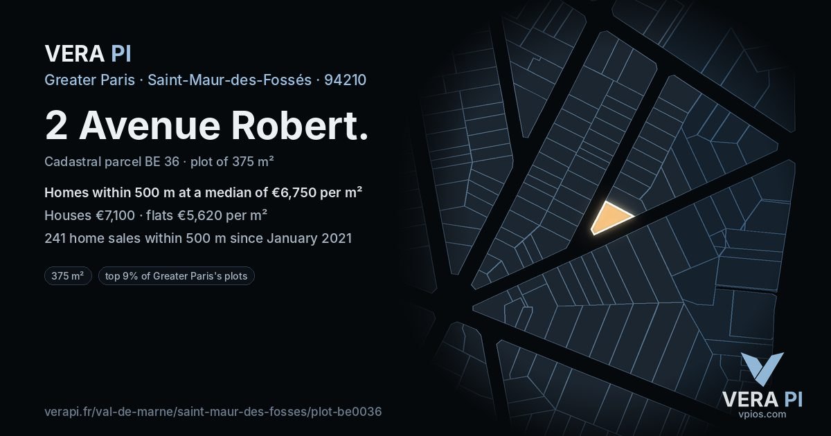 2 Avenue Robert, Saint-Maur-des-Fossés at night – the plot lit, the parcels around coloured by the prices near them