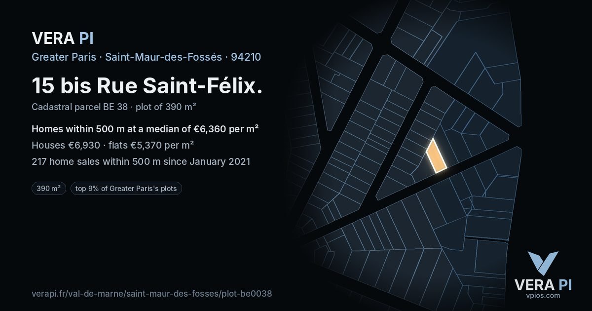 15 bis Rue Saint-Félix, Saint-Maur-des-Fossés at night – the plot lit, the parcels around coloured by the prices near them