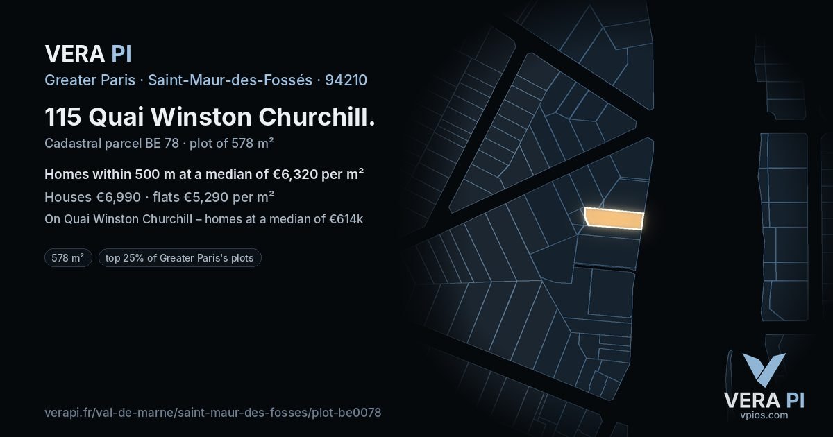 115 Quai Winston Churchill, Saint-Maur-des-Fossés at night – the plot lit, the parcels around coloured by the prices near them