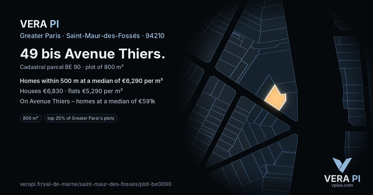 49 bis Avenue Thiers, Saint-Maur-des-Fossés at night – the plot lit, the parcels around coloured by the prices near them