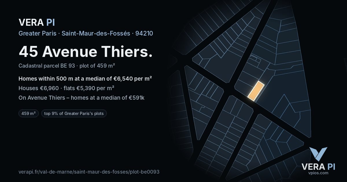 45 Avenue Thiers, Saint-Maur-des-Fossés at night – the plot lit, the parcels around coloured by the prices near them