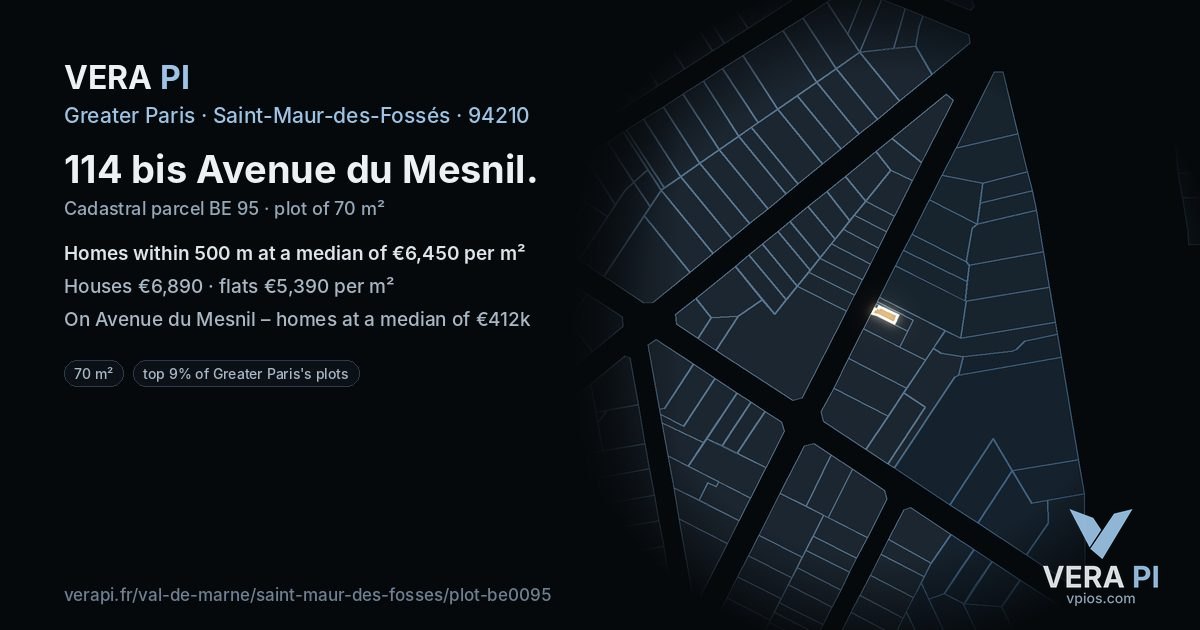 114 bis Avenue du Mesnil, Saint-Maur-des-Fossés at night – the plot lit, the parcels around coloured by the prices near them