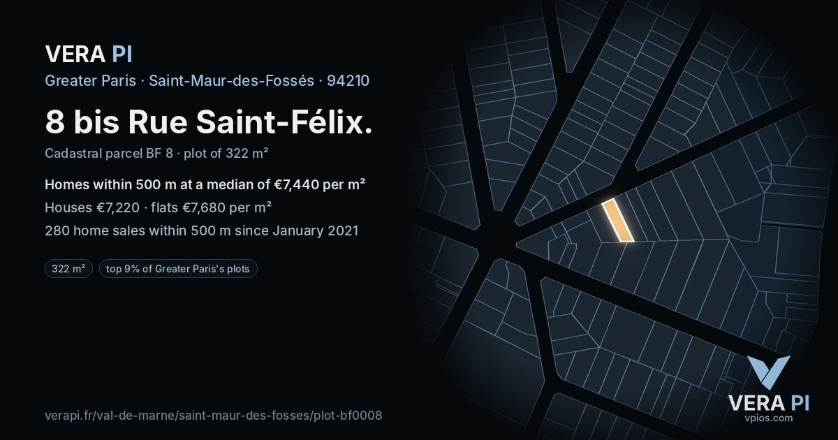 8 bis Rue Saint-Félix, Saint-Maur-des-Fossés at night – the plot lit, the parcels around coloured by the prices near them