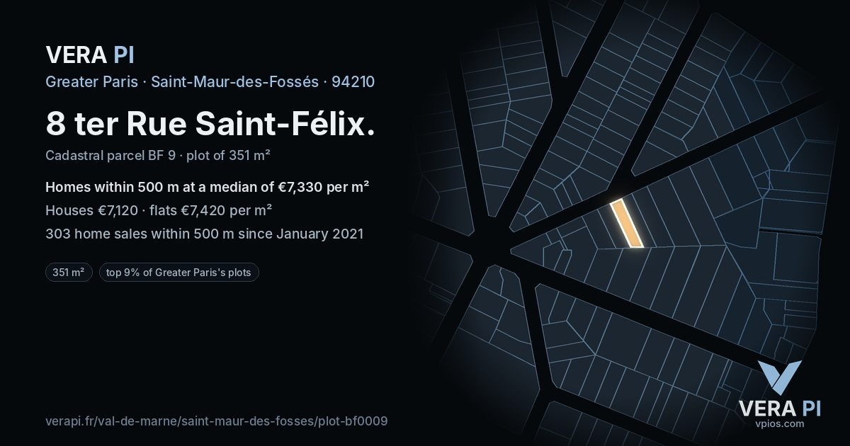 8 ter Rue Saint-Félix, Saint-Maur-des-Fossés at night – the plot lit, the parcels around coloured by the prices near them