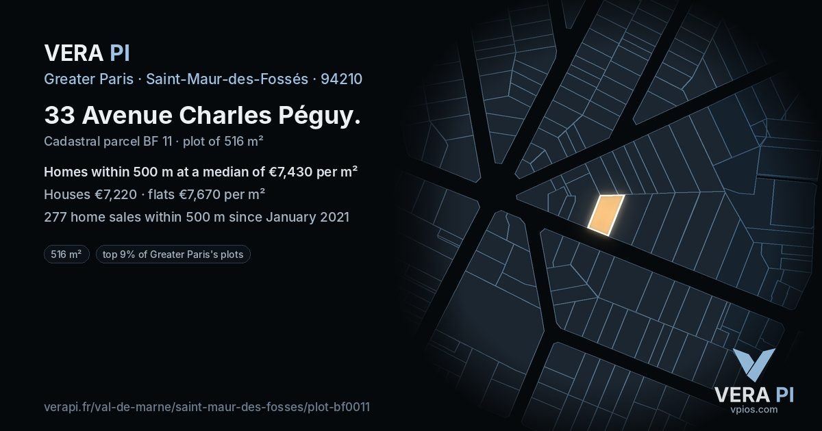 33 Avenue Charles Péguy, Saint-Maur-des-Fossés at night – the plot lit, the parcels around coloured by the prices near them