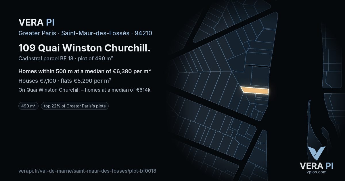109 Quai Winston Churchill, Saint-Maur-des-Fossés at night – the plot lit, the parcels around coloured by the prices near them
