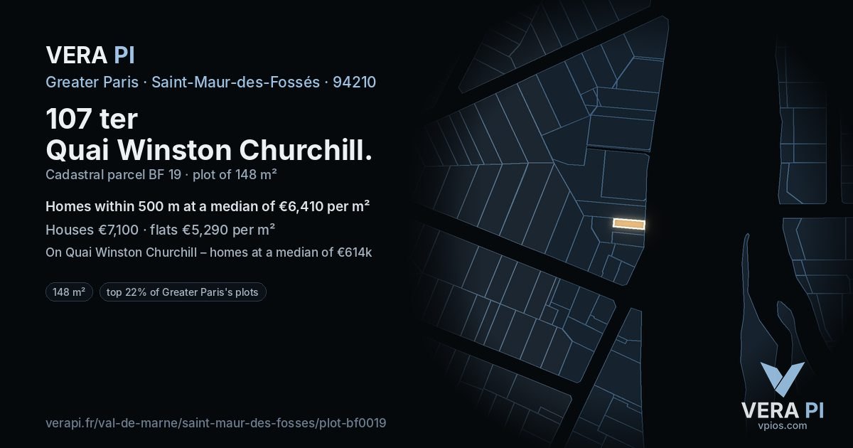 107 ter Quai Winston Churchill, Saint-Maur-des-Fossés at night – the plot lit, the parcels around coloured by the prices near them