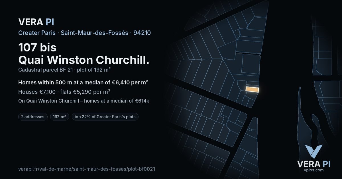 107 bis Quai Winston Churchill, Saint-Maur-des-Fossés at night – the plot lit, the parcels around coloured by the prices near them