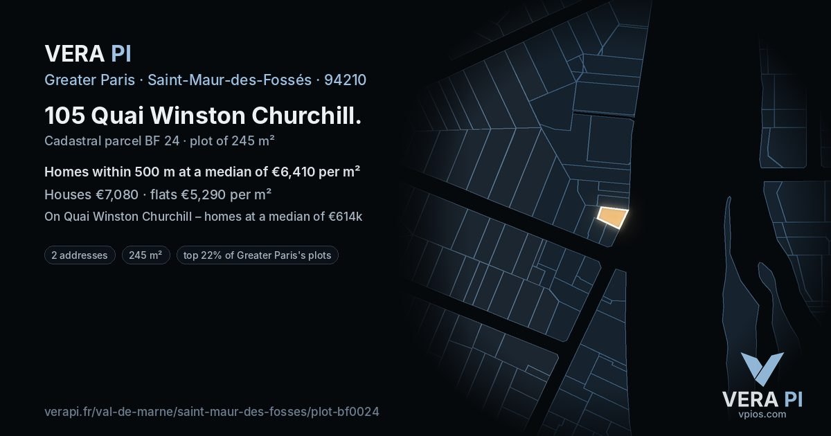 105 Quai Winston Churchill, Saint-Maur-des-Fossés at night – the plot lit, the parcels around coloured by the prices near them