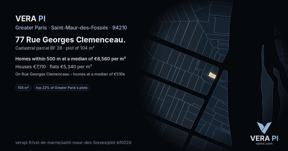 77 Rue Georges Clemenceau, Saint-Maur-des-Fossés at night – the plot lit, the parcels around coloured by the prices near them