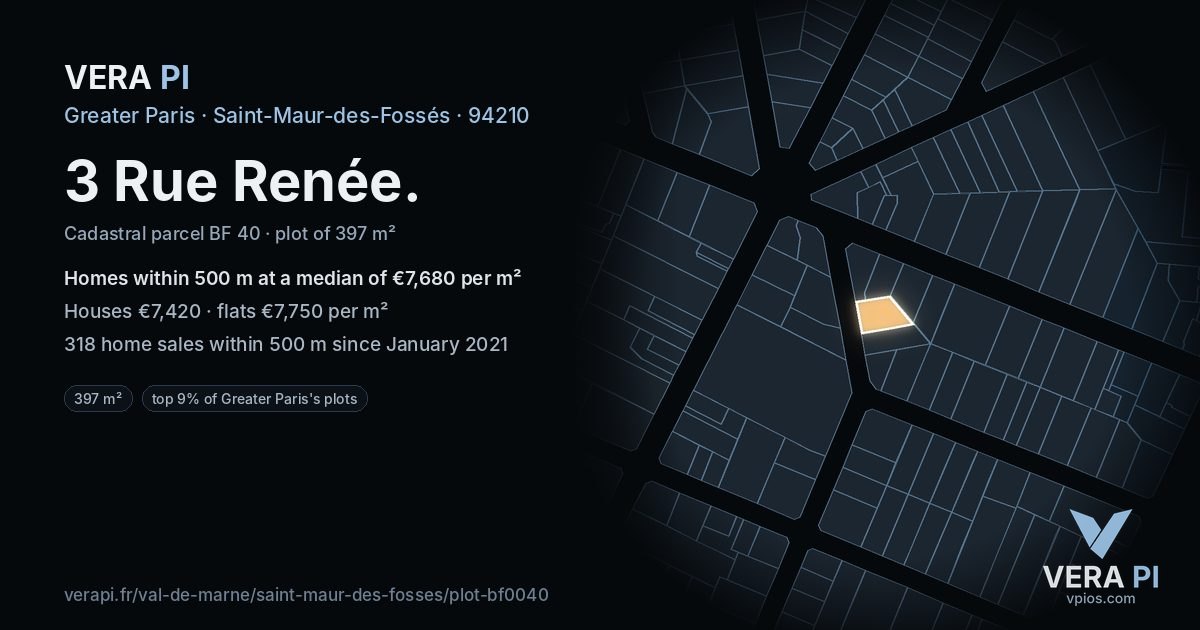 3 Rue Renée, Saint-Maur-des-Fossés at night – the plot lit, the parcels around coloured by the prices near them