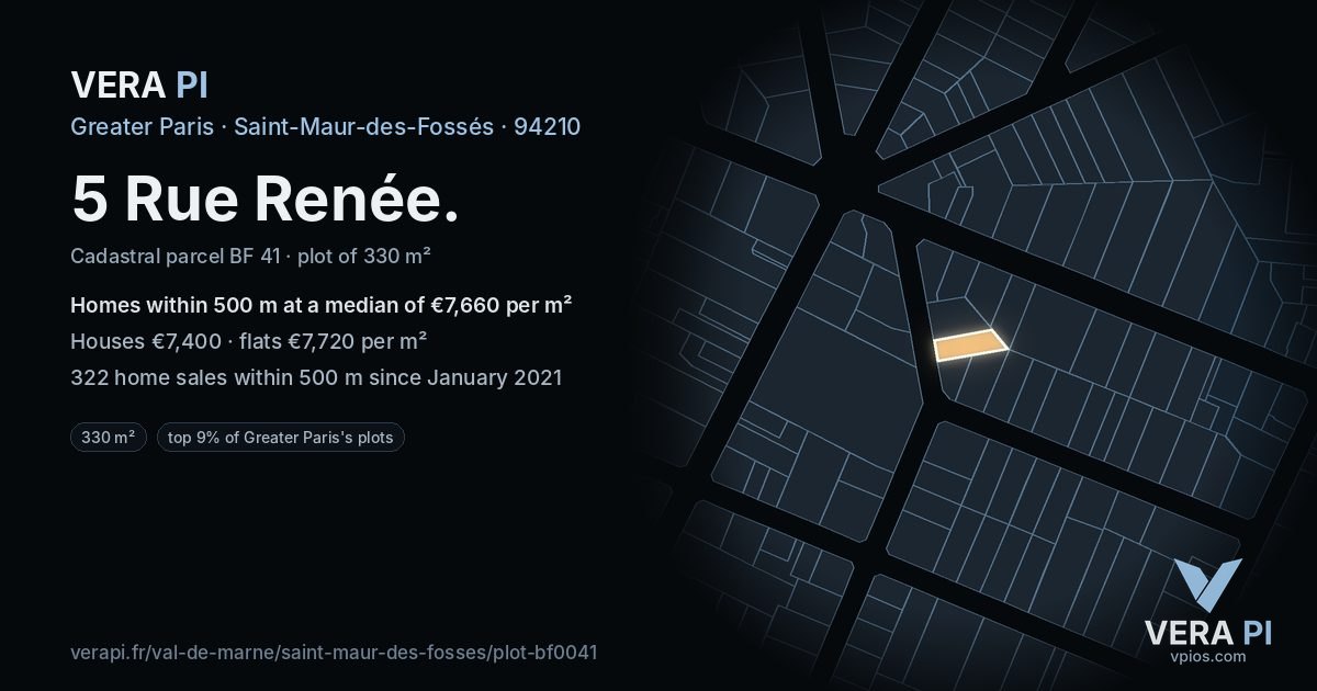 5 Rue Renée, Saint-Maur-des-Fossés at night – the plot lit, the parcels around coloured by the prices near them