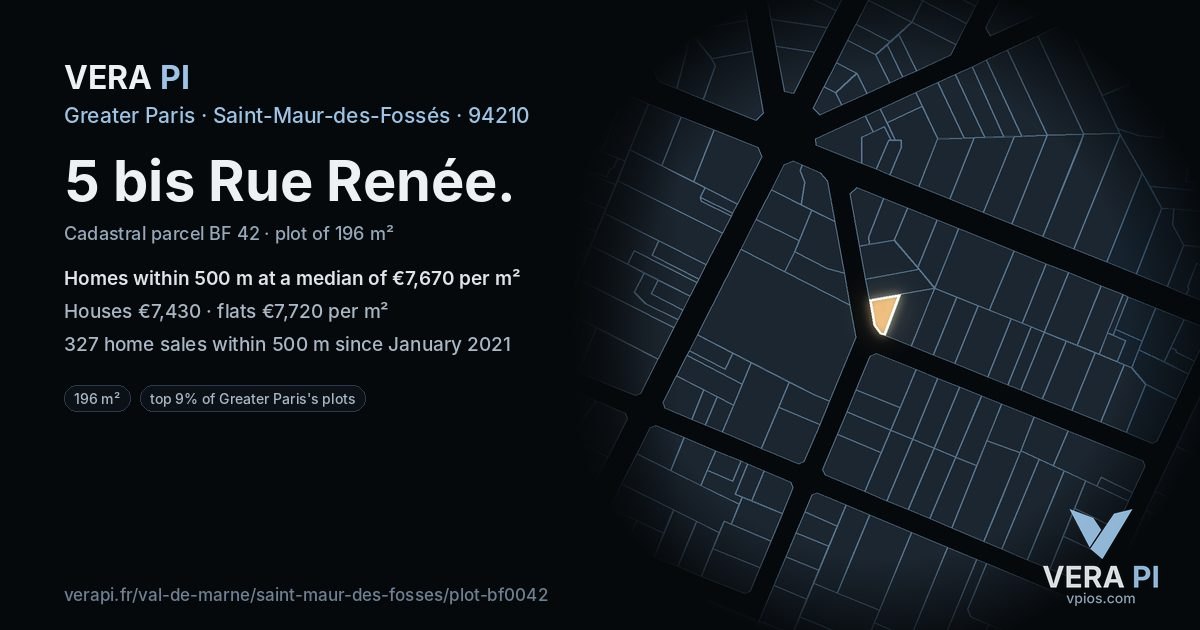 5 bis Rue Renée, Saint-Maur-des-Fossés at night – the plot lit, the parcels around coloured by the prices near them
