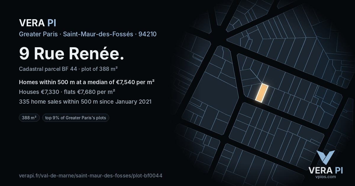 9 Rue Renée, Saint-Maur-des-Fossés at night – the plot lit, the parcels around coloured by the prices near them