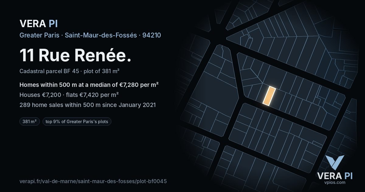 11 Rue Renée, Saint-Maur-des-Fossés at night – the plot lit, the parcels around coloured by the prices near them