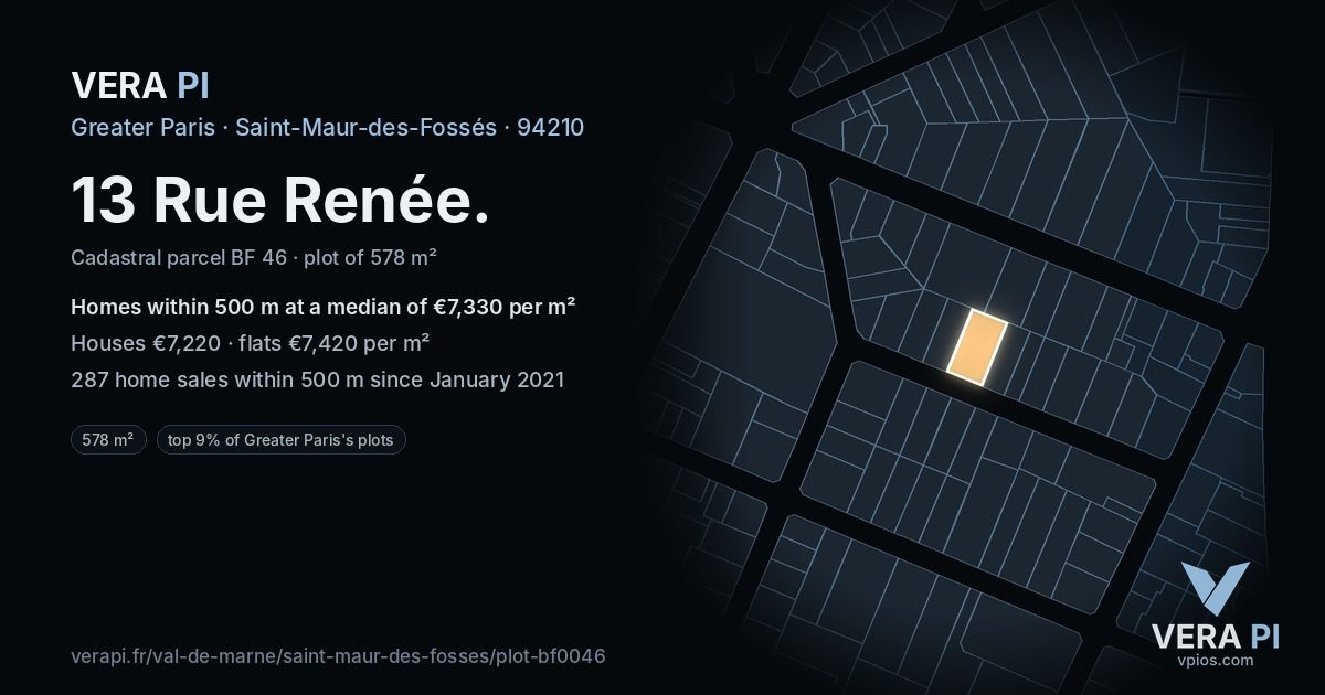 13 Rue Renée, Saint-Maur-des-Fossés at night – the plot lit, the parcels around coloured by the prices near them