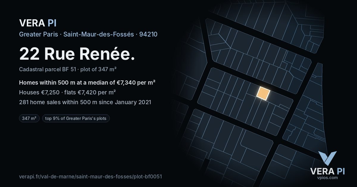 22 Rue Renée, Saint-Maur-des-Fossés at night – the plot lit, the parcels around coloured by the prices near them
