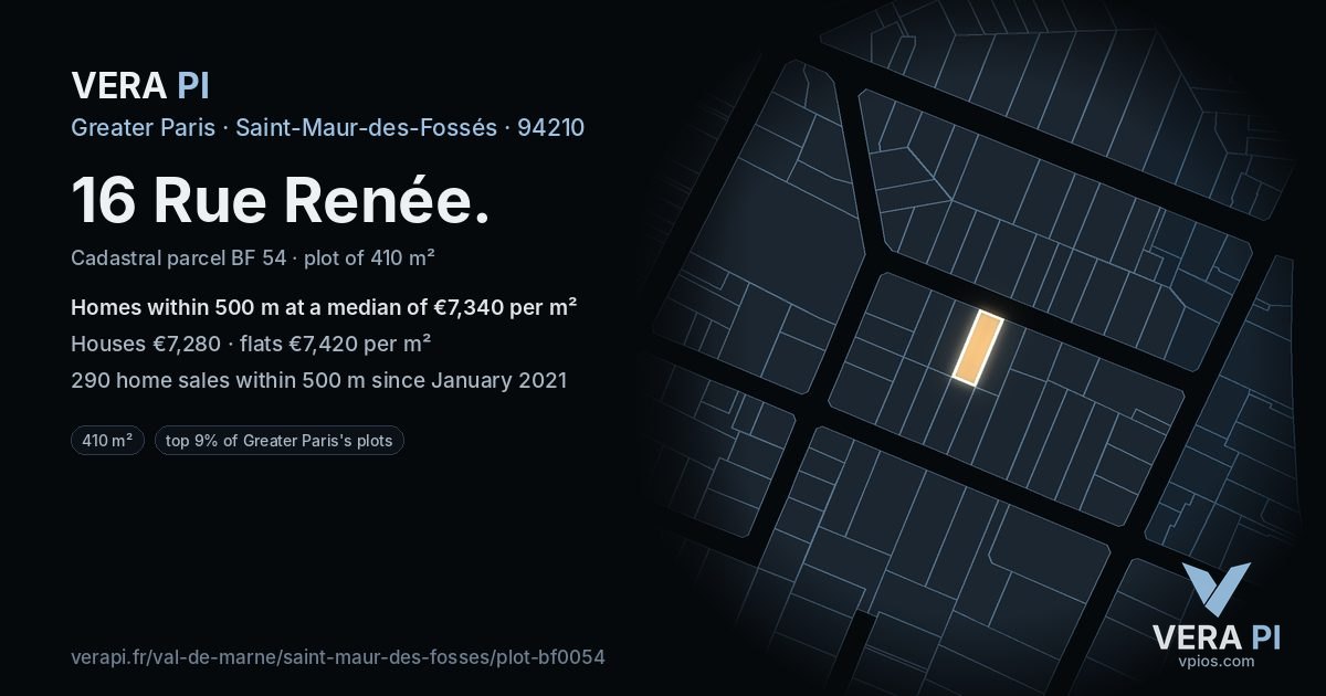 16 Rue Renée, Saint-Maur-des-Fossés at night – the plot lit, the parcels around coloured by the prices near them