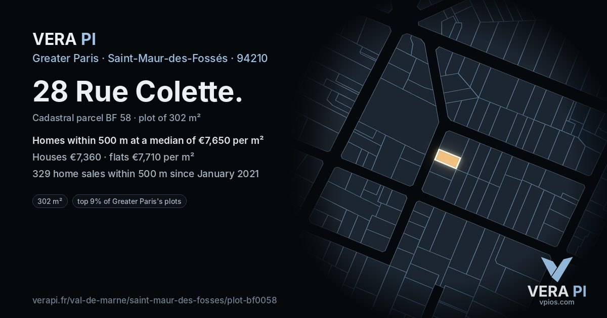 28 Rue Colette, Saint-Maur-des-Fossés at night – the plot lit, the parcels around coloured by the prices near them