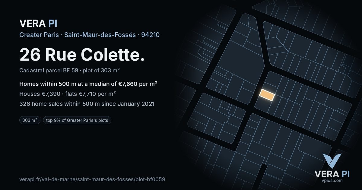 26 Rue Colette, Saint-Maur-des-Fossés at night – the plot lit, the parcels around coloured by the prices near them