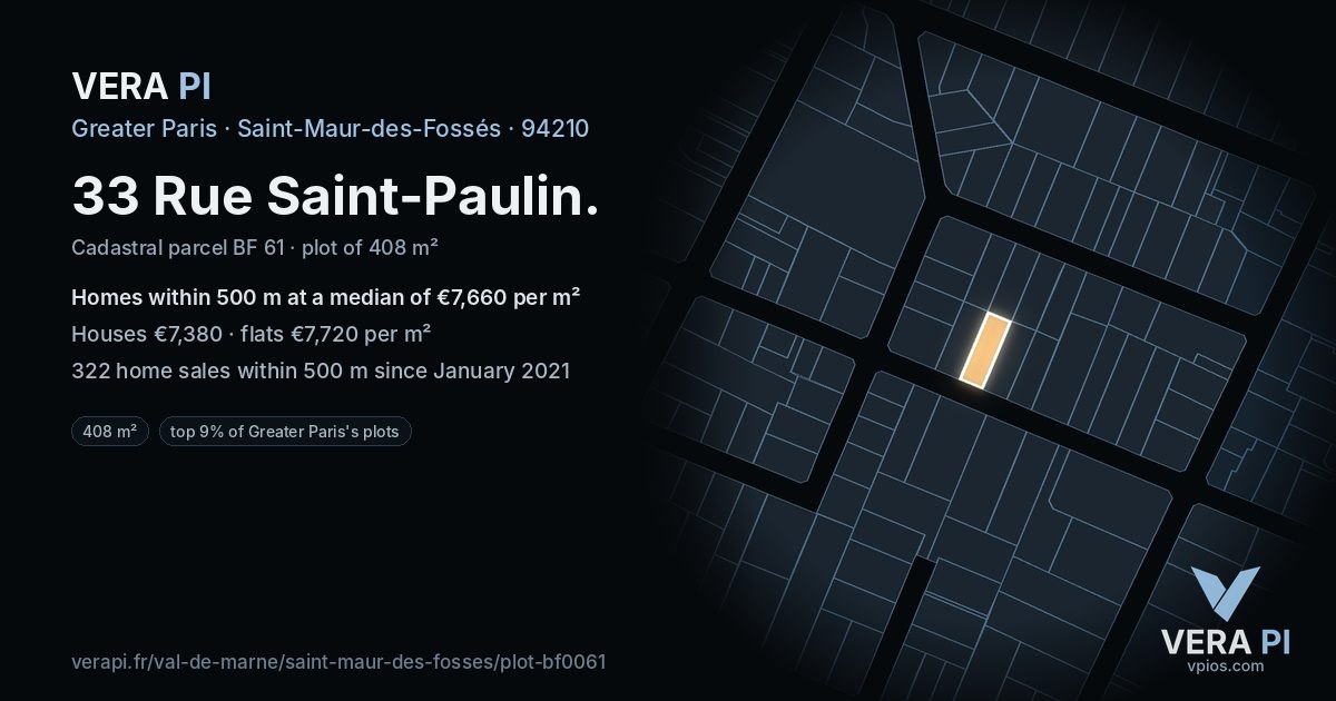 33 Rue Saint-Paulin, Saint-Maur-des-Fossés at night – the plot lit, the parcels around coloured by the prices near them