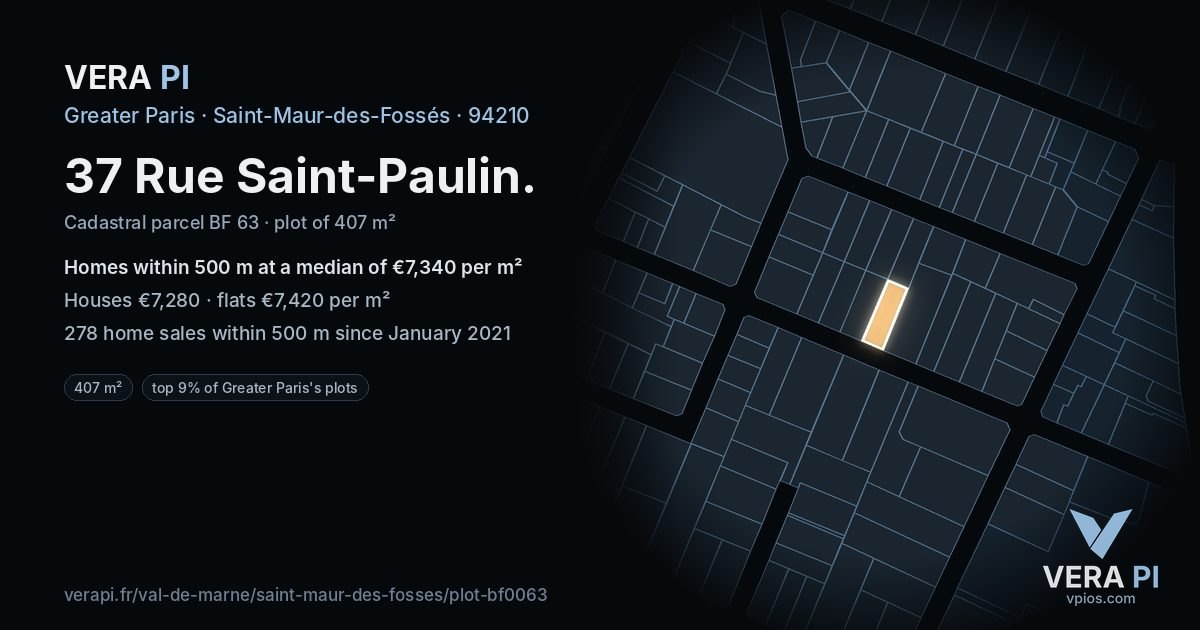 37 Rue Saint-Paulin, Saint-Maur-des-Fossés at night – the plot lit, the parcels around coloured by the prices near them
