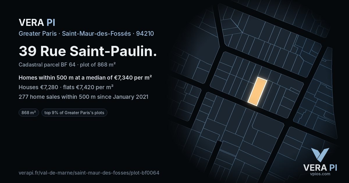 39 Rue Saint-Paulin, Saint-Maur-des-Fossés at night – the plot lit, the parcels around coloured by the prices near them