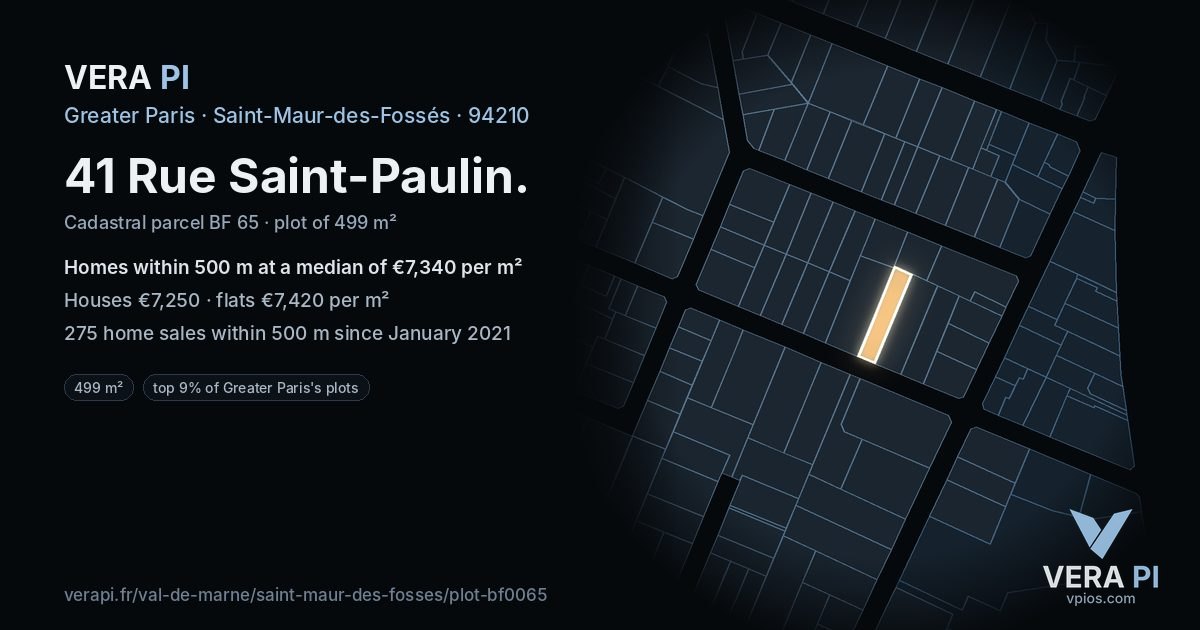 41 Rue Saint-Paulin, Saint-Maur-des-Fossés at night – the plot lit, the parcels around coloured by the prices near them