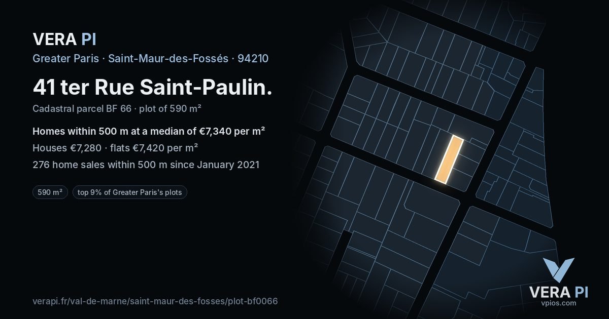 41 ter Rue Saint-Paulin, Saint-Maur-des-Fossés at night – the plot lit, the parcels around coloured by the prices near them