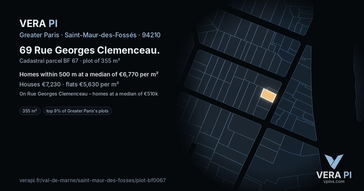 69 Rue Georges Clemenceau, Saint-Maur-des-Fossés at night – the plot lit, the parcels around coloured by the prices near them