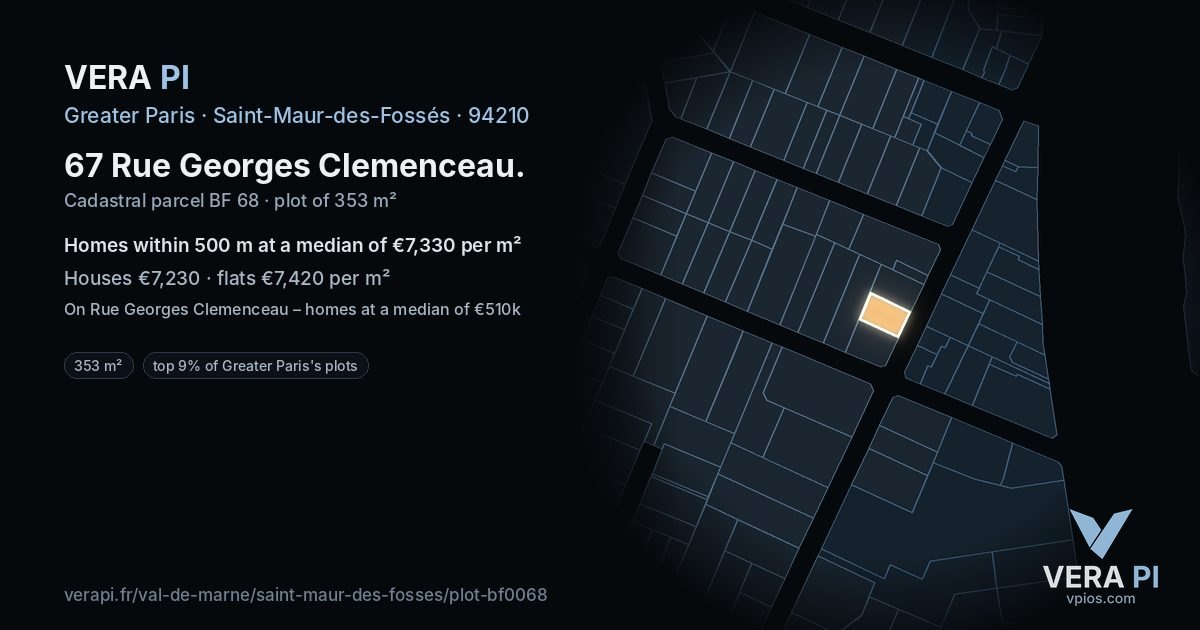 67 Rue Georges Clemenceau, Saint-Maur-des-Fossés at night – the plot lit, the parcels around coloured by the prices near them
