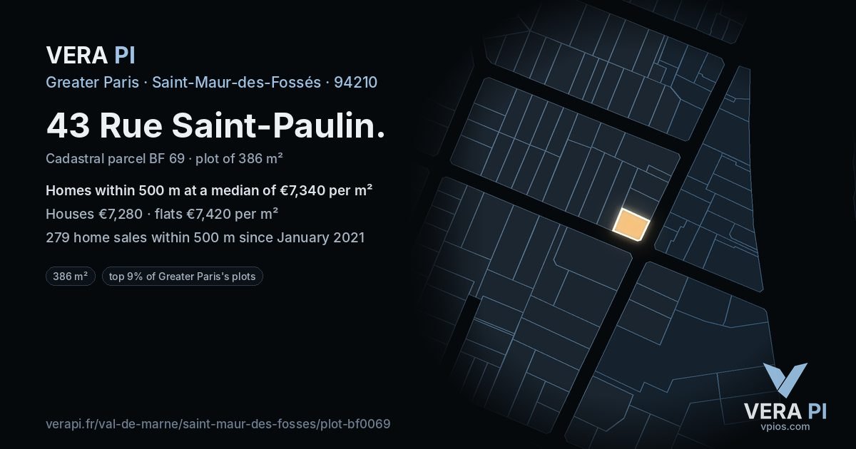 43 Rue Saint-Paulin, Saint-Maur-des-Fossés at night – the plot lit, the parcels around coloured by the prices near them