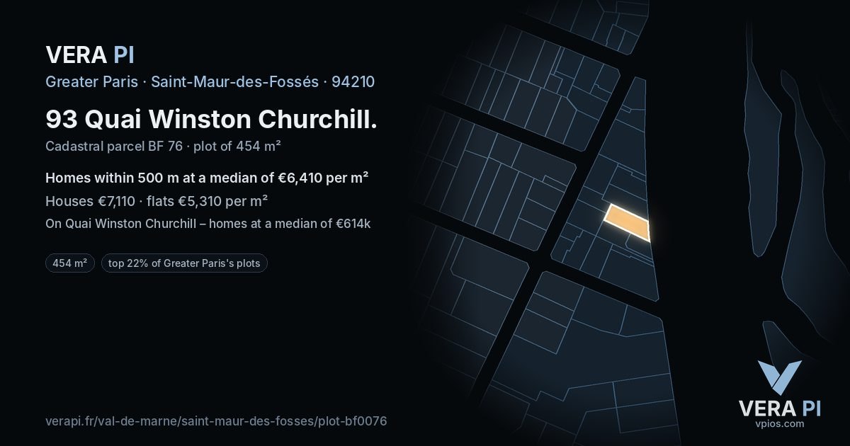 93 Quai Winston Churchill, Saint-Maur-des-Fossés at night – the plot lit, the parcels around coloured by the prices near them