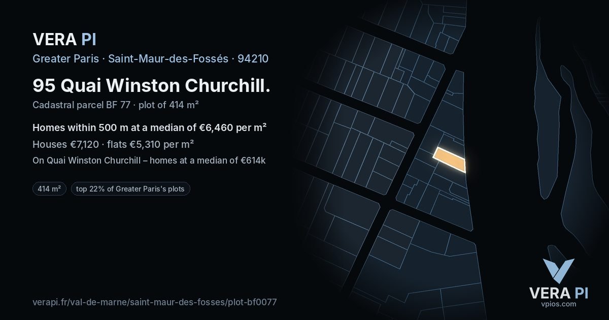 95 Quai Winston Churchill, Saint-Maur-des-Fossés at night – the plot lit, the parcels around coloured by the prices near them