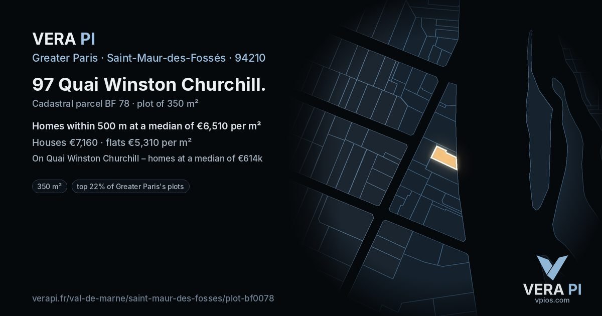 97 Quai Winston Churchill, Saint-Maur-des-Fossés at night – the plot lit, the parcels around coloured by the prices near them