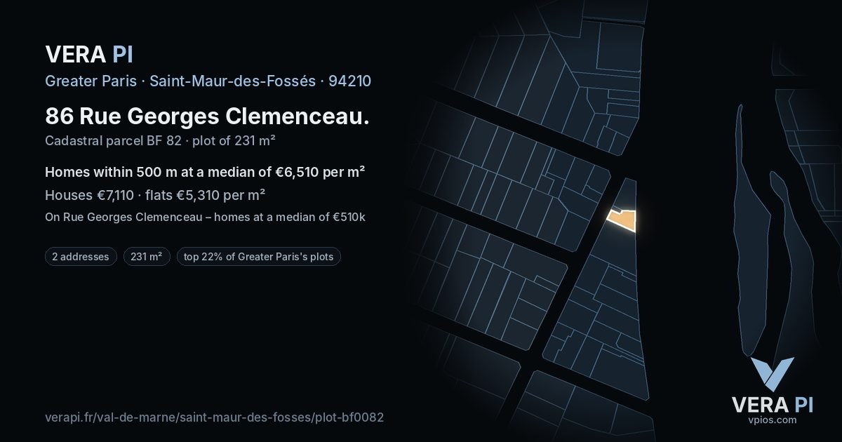 86 Rue Georges Clemenceau, Saint-Maur-des-Fossés at night – the plot lit, the parcels around coloured by the prices near them