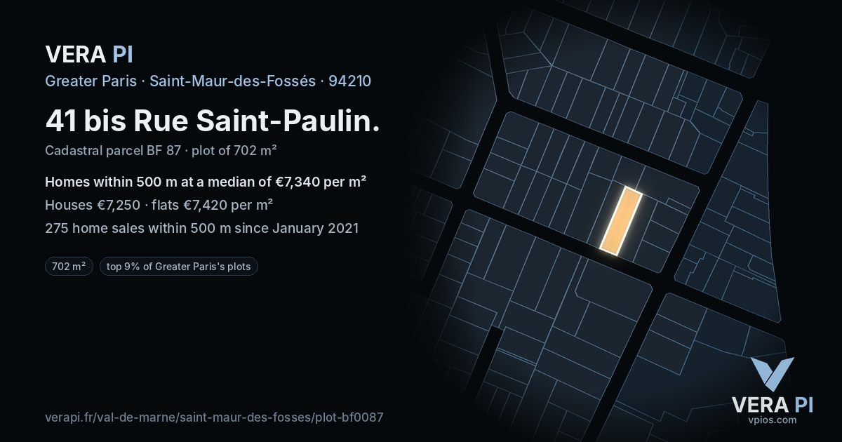 41 bis Rue Saint-Paulin, Saint-Maur-des-Fossés at night – the plot lit, the parcels around coloured by the prices near them