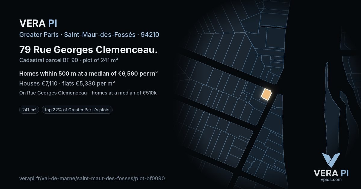 79 Rue Georges Clemenceau, Saint-Maur-des-Fossés at night – the plot lit, the parcels around coloured by the prices near them
