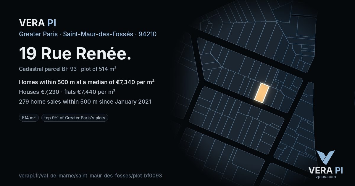 19 Rue Renée, Saint-Maur-des-Fossés at night – the plot lit, the parcels around coloured by the prices near them