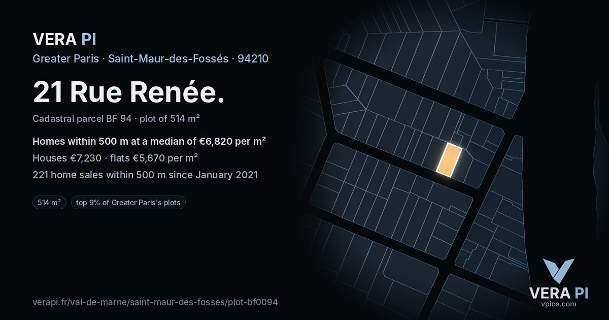 21 Rue Renée, Saint-Maur-des-Fossés at night – the plot lit, the parcels around coloured by the prices near them