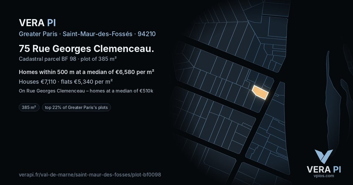 75 Rue Georges Clemenceau, Saint-Maur-des-Fossés at night – the plot lit, the parcels around coloured by the prices near them
