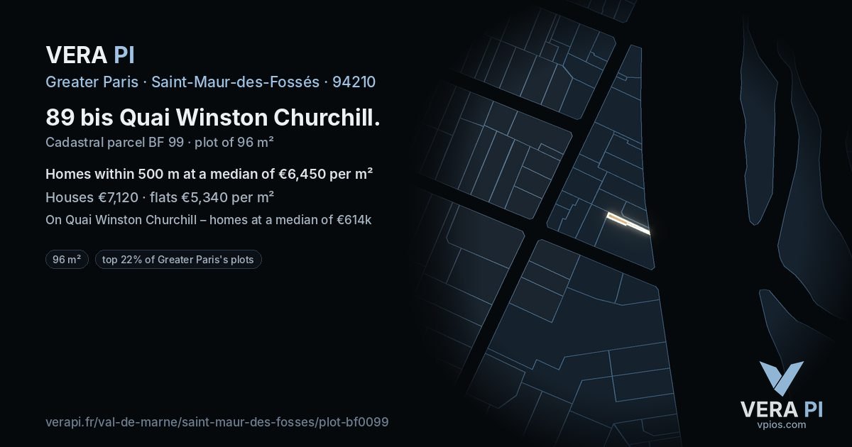 89 bis Quai Winston Churchill, Saint-Maur-des-Fossés at night – the plot lit, the parcels around coloured by the prices near them