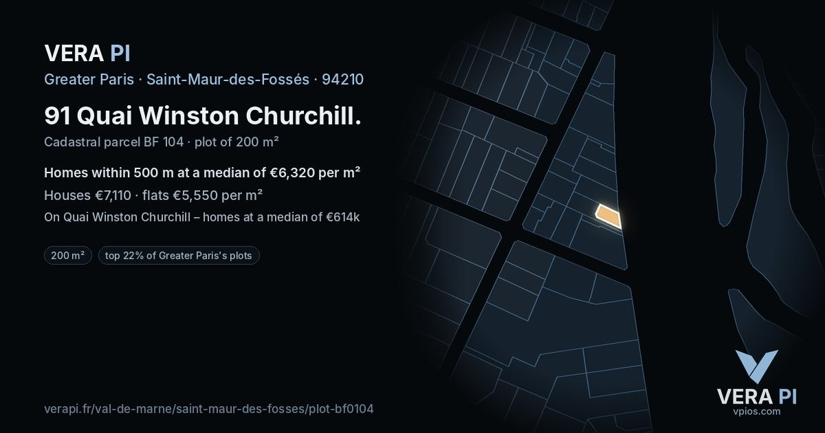91 Quai Winston Churchill, Saint-Maur-des-Fossés at night – the plot lit, the parcels around coloured by the prices near them