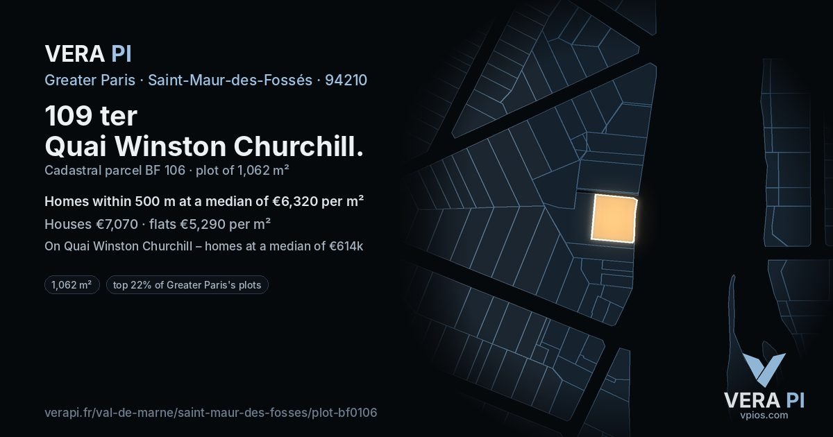 109 ter Quai Winston Churchill, Saint-Maur-des-Fossés at night – the plot lit, the parcels around coloured by the prices near them